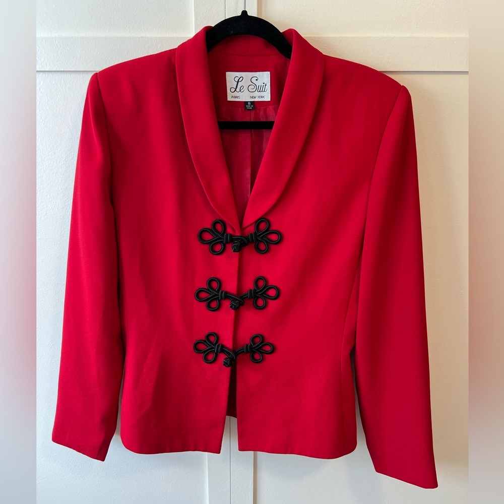 Le Suit Women’s Red 90s Vintage Jacket Blazer With Black Toggle Size 8